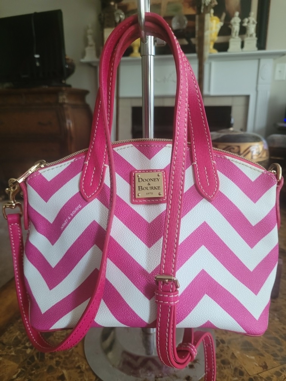 Dooney & Bourke Hot Pink and White Chevron Satchel
